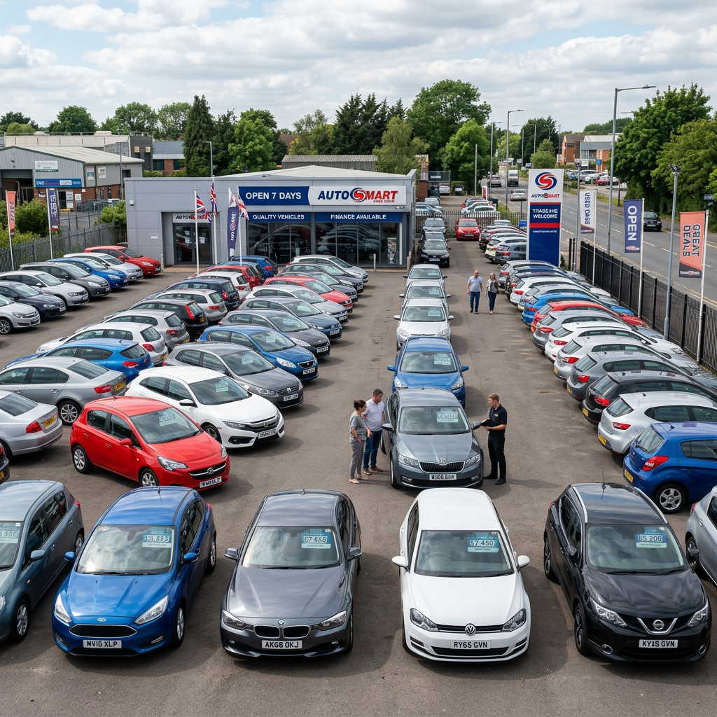 Rows of used cars parked in front of AutoSmart dealership with price tags and people inspecting vehicles